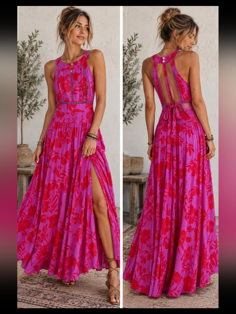 Halter Floral Maxi Dress in Fuchsia & Red with Open Back